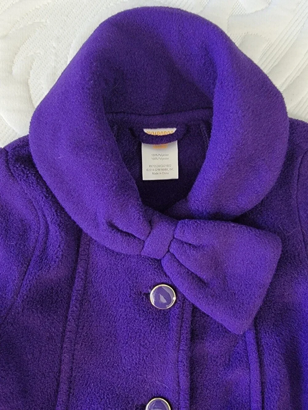 Gymboree Purple Fleece Pea Coat Bow Collar Buttons 12-24 Months Baby Toddler